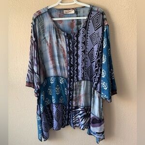 Sterling Styles Vintage Mixed Media Button Down Art To Wear Lagenlook Blouse O/S